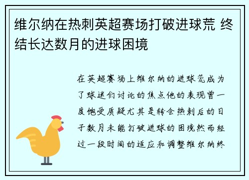 维尔纳在热刺英超赛场打破进球荒 终结长达数月的进球困境