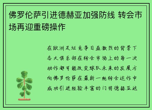佛罗伦萨引进德赫亚加强防线 转会市场再迎重磅操作